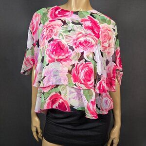 Vintage 80s Chiffon Floral Rose Print Blouse Size S Flowy Floaty Layered Pink